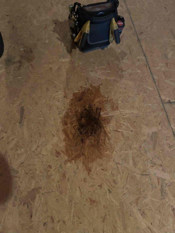 Responded to no heat complaint following power outage. Inspection revealed water damage in attic affecting PVC condensate drain connection, which had leaked onto OSB flooring. Repaired damaged pipe connection and verified system operation restored.