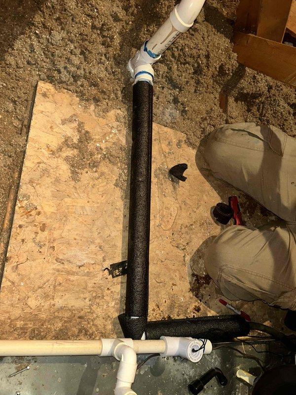 Successfully installed a permanent solution for freezing condensate drain by rerouting the drain line into the existing 1 1/2" PVC plumbing vent. Work included installation of multiple PVC fittings (couplings, tee, reducer, and 90° elbow), along with 1 1/8" armor flex insulation and 3/4" PVC pipe to prevent future freezing issues.
