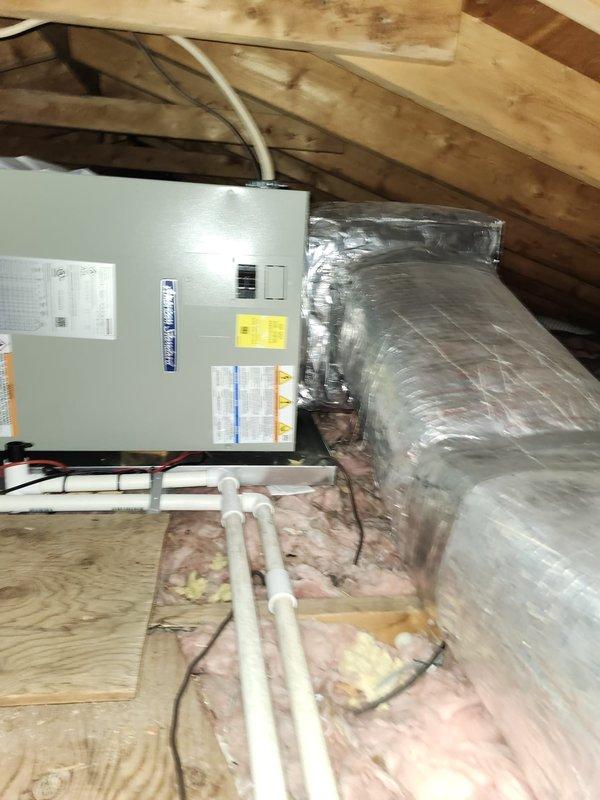 Successfully completed installation of a complete 15 SEER heat pump system, including removal of old equipment, installation of a variable speed fan coil unit with 10KW heater, and mounting of outdoor unit on pressure treated wood stand. System includes WiFi thermostat, 1" filter rack, and all necessary electrical components; refrigeration lines were flushed, pressure tested, and recharged to ensure optimal performance.