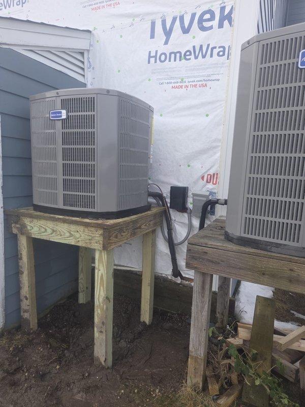 Successfully completed installation of a complete 15 SEER heat pump system, including removal of old equipment, installation of a variable speed fan coil unit with 10KW heater, and mounting of outdoor unit on pressure treated wood stand. System includes WiFi thermostat, 1" filter rack, and all necessary electrical components; refrigeration lines were flushed, pressure tested, and recharged to ensure optimal performance.