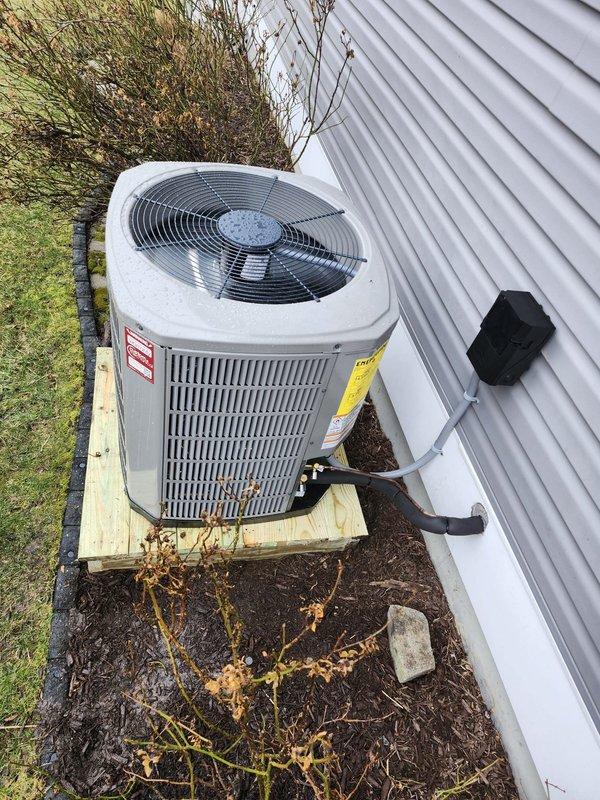 Successfully completed full HVAC system replacement, installing a 2.5-ton 14 SEER heat pump (5A6H4030) with variable speed fan coil unit (5TEM6B03) and 5kW auxiliary heater with breaker. Work included removing old equipment, adapting existing ductwork with transition fittings, mounting outdoor unit on platform, installing electrical connections, and properly flushing and testing refrigerant lines while utilizing the existing thermostat and damper system.
