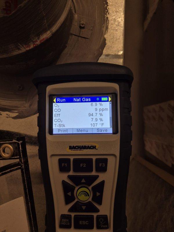 Performed comprehensive tune-up on single HVAC system, including electrical testing with multimeter (0.39 amps) and combustion analysis using Bacharach analyzer. System demonstrated excellent efficiency (94.7%) with minimal CO levels (9 ppm) and optimal stack temperature (107°F).