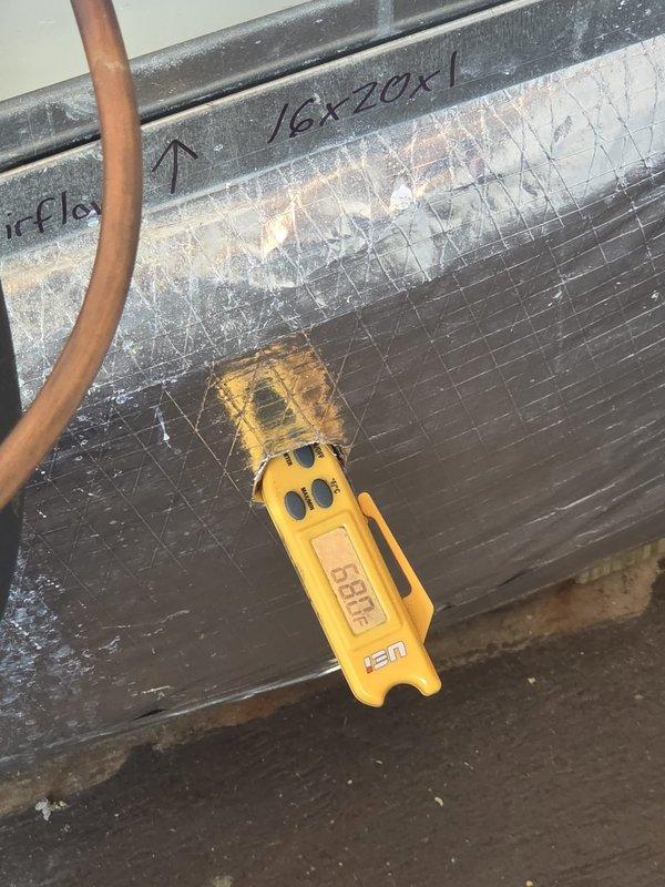 Performed routine cooling system maintenance check. Took supply air temperature reading of 68.0°F at 16"x20"x1" duct. Verified thermostat operation (Honeywell) with proper heat mode function at 67° setpoint and 69° room temperature.