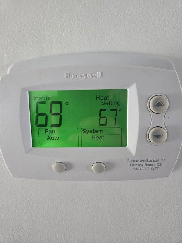 Performed routine cooling system maintenance check. Took supply air temperature reading of 68.0°F at 16"x20"x1" duct. Verified thermostat operation (Honeywell) with proper heat mode function at 67° setpoint and 69° room temperature.
