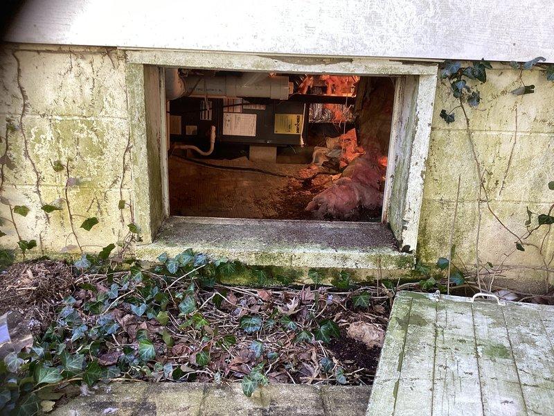 Performed assessment for downstairs HVAC system replacement. Existing outdoor condensers show significant aging with weathered mounting platform and surrounding vegetation encroachment. Interior inspection revealed need for complete refrigerant line replacement as current lines are buried and inaccessible. Recommended full system replacement including new properly installed refrigerant lines and appropriate system sizing for the space.