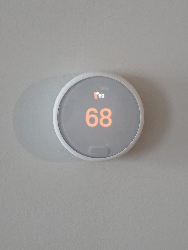 Performed scheduled maintenance on cooling system as first call of the day. Inspected digital thermostat displaying 68° with set point of 69°. System functioning as designed with no issues identified.