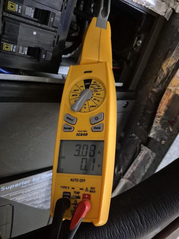 Completed cooling maintenance service on system. Performed electrical diagnostics using Fieldpiece SL640 clamp meter, recording amperage readings of 3.08A and voltage measurements of 686.4V. Inspected and tested circuit breakers in Square D electrical panel to ensure proper operation.