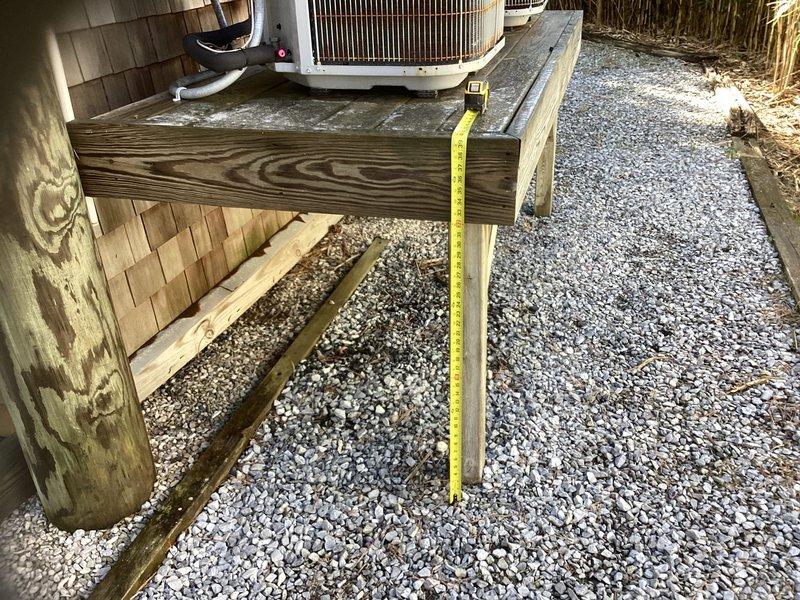 Assessed outdoor HVAC unit installed on elevated wooden platform for potential replacement. Identified standard 14 x 30 x 1 air filter dimensions. Customer is considering either warranty replacement of outdoor coil or complete system replacement scheduled for mid-April installation.