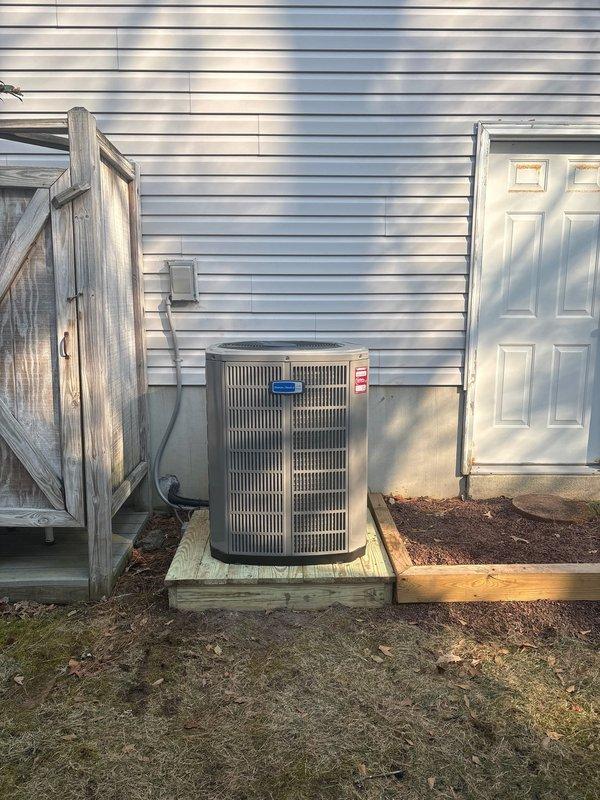 Successfully completed full system replacement, installing a 3-ton 17 SEER American Standard two-stage heat pump with variable speed air handler and 10kw electric heat pack. Removed old equipment, fabricated metal duct transitions to adapt to existing ductwork, replaced outdoor disconnect and electrical whip, and installed new outdoor unit on pressure-treated wood platform while reusing existing thermostat, electrical, condensation, and power lines.