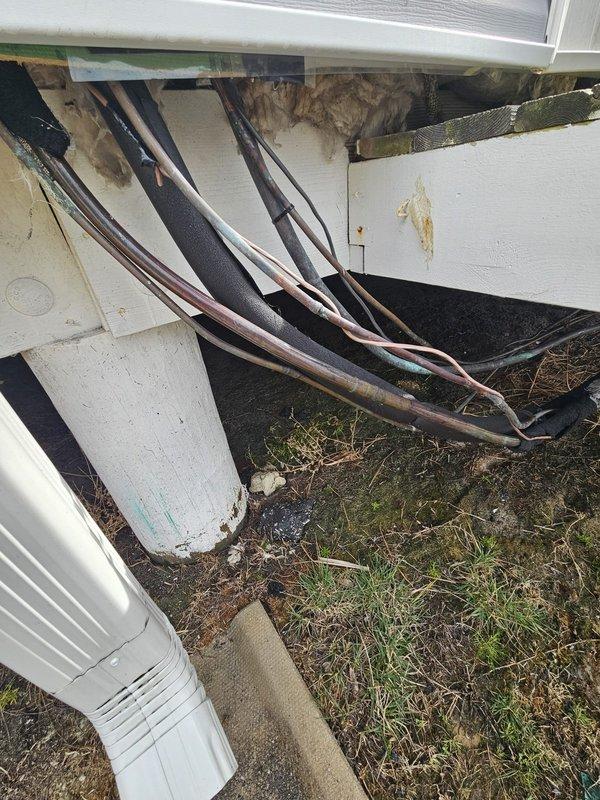 Conducted visual inspection of HVAC cooling system, identifying exposed electrical wiring requiring proper conduit installation. Observed significant moisture damage to exterior wall near condenser unit and recommended remediation to prevent further deterioration and potential system damage.