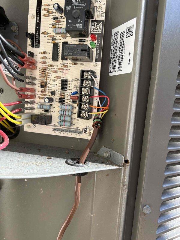 Responded to no heat call. Diagnosed failed control board with visible corrosion on terminal connections as evidenced by diagnostic LED indicators. Replaced control board and verified proper system operation with normal heating cycle restoration.