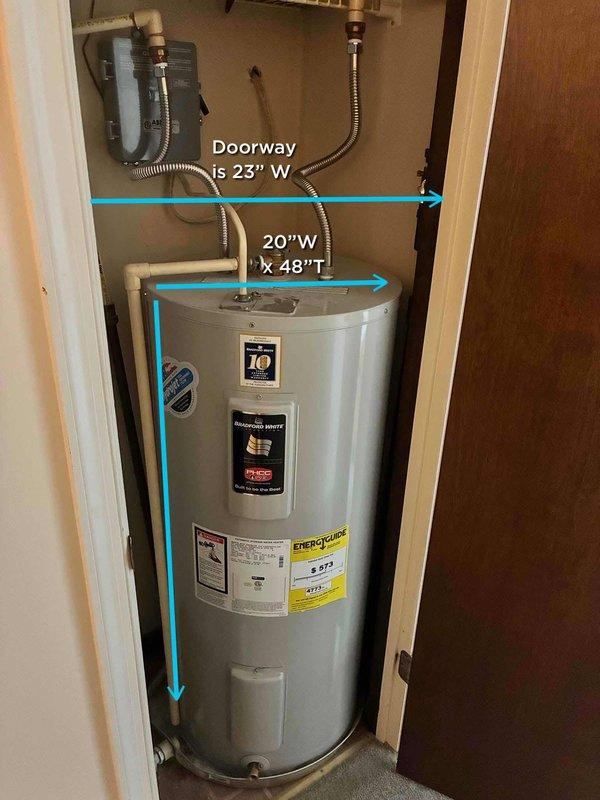 Performed inspection and provided estimate for replacement of existing 40-gallon water heater located in utility closet with limited access (23"W doorway, 20"W x 48"T space). Current unit has standard electrical connections with junction box mounted on wall and copper/flexible metal piping connections at top of heater.