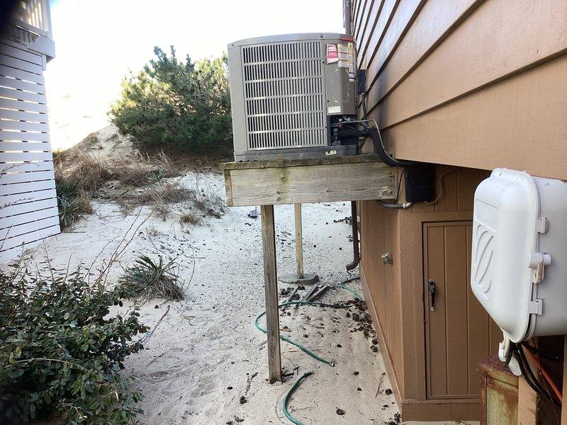 Inspected main floor HVAC system and found severe corrosion with multiple failing components. System is deteriorating beyond repair with parts ordered as temporary measure. Referred to sales department for complete system replacement with recommendation for Salt Shield option due to coastal installation environment.