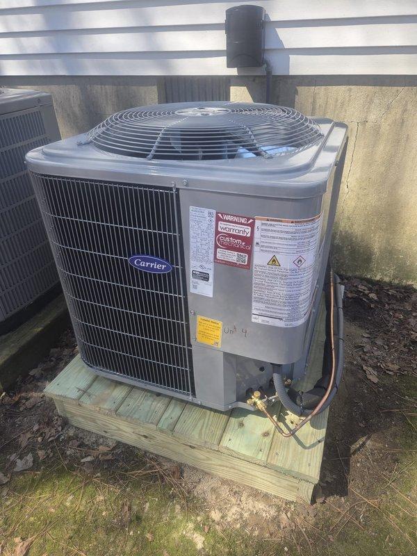 Successfully completed installation of a new Carrier HVAC system, including a 3.5-ton 15 SEER heat pump (27SCA536A003), air handler (FJ5ANXB36L00), and 10kW electric heat pack (FF2601C10), along with a Honeywell Digital WiFi Thermostat. Removed old equipment, installed necessary metal duct transitions, replaced outdoor disconnect and electrical whip, and mounted outdoor unit on pressure-treated wood platform while reusing existing electrical, condensation and power lines.