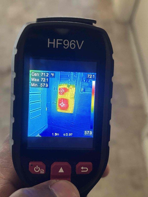 Responded to no heat call where system tripped breaker after switching from cooling to heating mode. Upon arrival, utilized thermal imaging camera to inspect electrical panel and identify potential hot spots or failing breaker connections. Thermal scan revealed temperature differential at breaker location, with readings showing 72.5°F maximum temperature at affected circuit. Reset tripped breaker, verified proper amperage draw, and confirmed system restored to normal heating operation with no further electrical issues detected.
