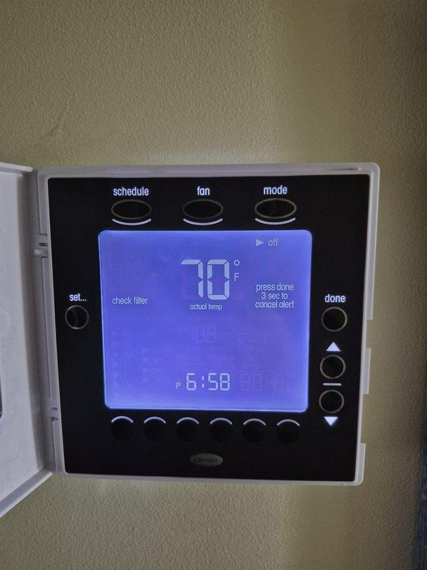 Completed scheduled cooling maintenance visit on two HVAC systems. Performed standard preventive maintenance procedures including thermostat verification, system diagnostics, and electrical testing using clamp meter to measure voltage and amperage readings. Both systems operating within normal parameters at time of service.