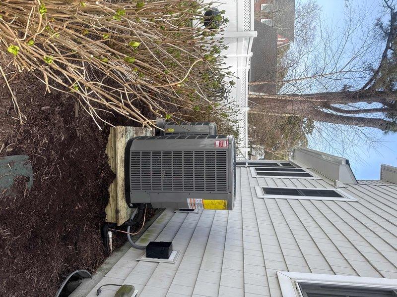 Removed and disposed of existing second floor HVAC system. Installed new 2-ton 17 SEER heat pump outdoor unit on platform with 5A6H7024 condenser and 5TEM6B02 variable speed fan coil unit in drain pan with shut-off valve. Installed 10KW electric heat strip with breaker (HTR1510BRKR) for supplemental heating. Flushed, pressure tested, and recharged refrigeration lines to manufacturer specifications. Furnished and installed electrical whip with disconnect for outdoor unit. Installed TH6320WF2003 WiFi programmable thermostat for remote system control and monitoring. Extended maintenance contract coverage by one year on both systems in residence. All equipment tested and operational upon completion.