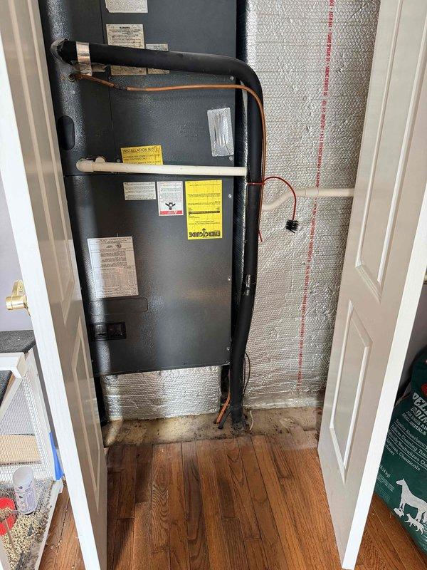 Conducted site assessment for complete HVAC system replacement at residential property. Evaluated existing upstairs air handler unit and thermostat, which was experiencing inadequate heating performance. Documented current equipment specifications and conditions, including digital thermostat displaying 68°F setpoint with outdoor temperature at 47°F. Provided estimate for replacement of both upstairs and downstairs HVAC systems, with priority given to upstairs unit due to poor heating performance and customer comfort concerns.