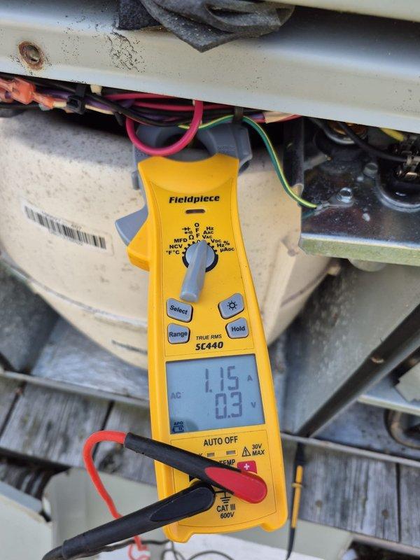 Completed scheduled cooling maintenance visit on residential HVAC system. Performed comprehensive system diagnostics including electrical measurements of compressor amperage (5.16A) and capacitor performance (1.15A, 9.3 MFD) using clamp meter to verify proper operation. All components operating within manufacturer specifications with no deficiencies noted.