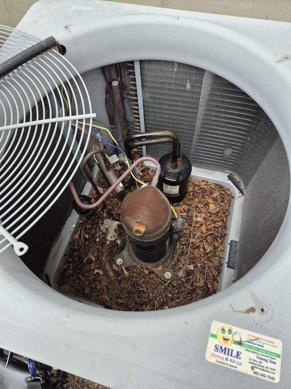 Performed scheduled maintenance inspection on residential cooling system via remote service call. Opened outdoor unit to find significant accumulation of leaves, twigs, and organic debris throughout base compartment surrounding compressor and internal components. Cleared all debris from unit interior to restore proper airflow and prevent potential system damage. Inspected compressor, refrigerant lines, accumulator, and condenser coils - coils found in acceptable condition. Measured electrical draw at 8.24 amps using clamp meter to verify proper amperage. Verified all electrical connections secure and capacitor functioning within specifications. Reassembled unit housing and confirmed system operational.