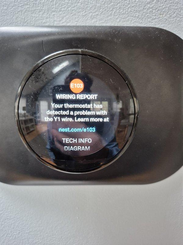 Responded to no cooling call on residential HVAC system. Upon arrival, found Nest thermostat displaying error code e103 indicating a wiring issue with the Y1 wire connection. Thermostat was unable to control cooling equipment properly due to detected wiring fault. Diagnosed and corrected Y1 wire connection issue at thermostat, resolving communication error between thermostat and air conditioning system. Verified proper thermostat operation and system functionality upon completion.