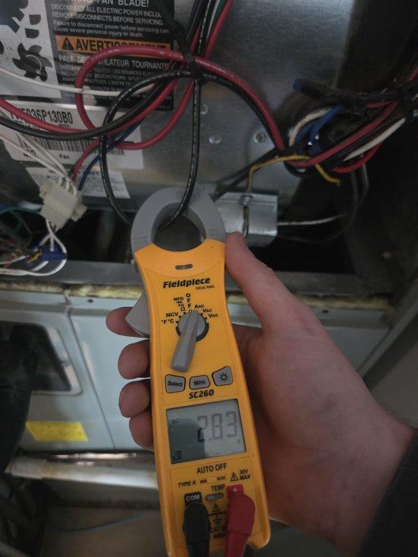 Completed comprehensive cooling maintenance on two HVAC systems. Performed electrical diagnostics using clamp meter, recording amperage readings to verify compressor and blower motor performance within manufacturer specifications. Measured supply air temperatures at register to confirm proper system operation and adequate cooling output. Both systems operating efficiently with no deficiencies noted.