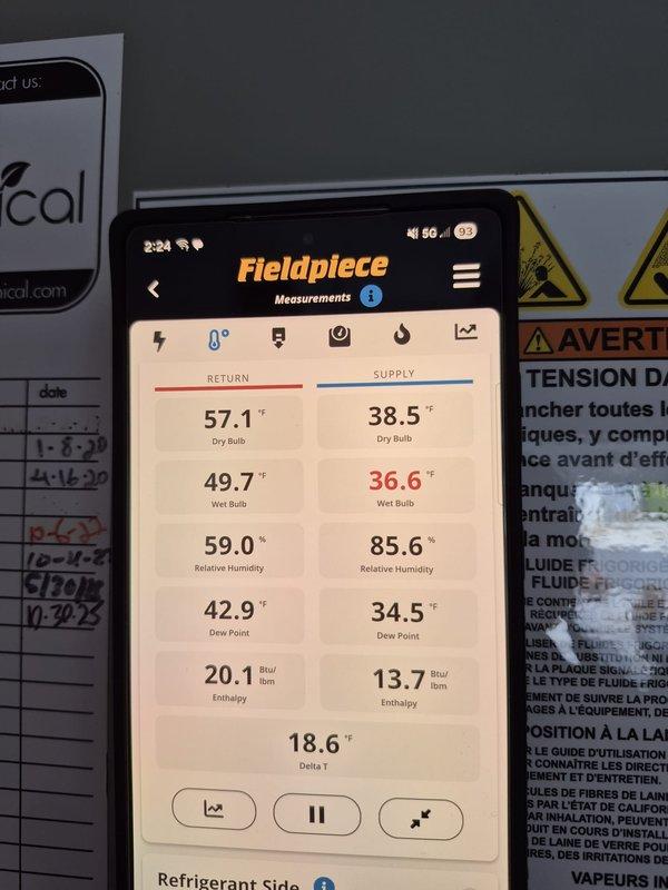 Completed preventative maintenance cooling visit on two HVAC systems. Performed comprehensive system diagnostics including temperature differential measurements showing 18.6°F delta T, with supply air at 38.5°F and return air at 57.1°F indicating proper cooling performance. Verified electrical components and measured amperage draw at 9.16A, confirming system operating within normal parameters. Documented all measurements using digital instrumentation, checked refrigerant charge levels, inspected electrical connections and wiring, and verified proper humidity control with supply air relative humidity at 85.6%. Both systems tested and found operating efficiently with no deficiencies noted.
