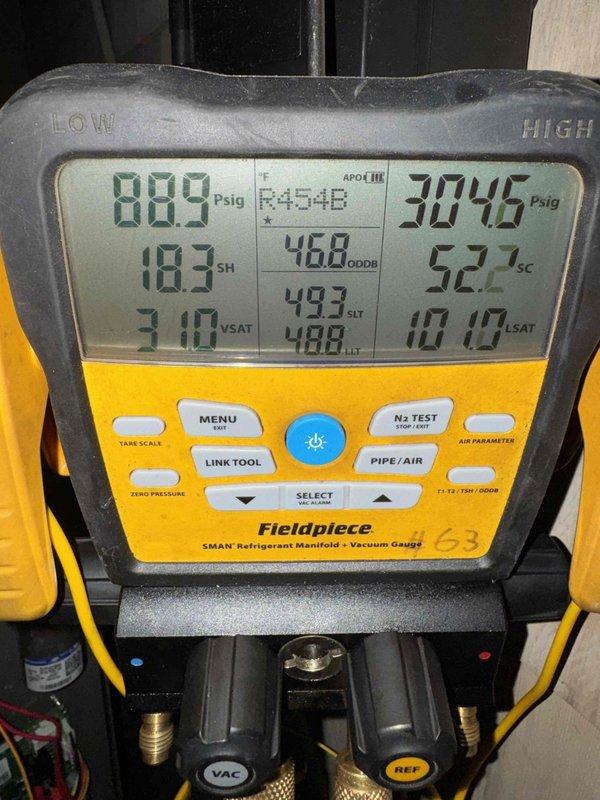 Completed full HVAC system replacement including removal and disposal of existing equipment. Installed 3.5-ton 14 SEER heat pump outdoor unit with InfiniGuard anti-corrosive coating on existing platform, complete with whip and disconnect. Installed variable speed fan coil unit indoors with 15KW electric heater and breaker, along with 1-inch filter rack. Flushed, pressure tested, and recharged refrigeration lines with R454B refrigerant, verifying proper superheat and subcool readings. Installed Honeywell TH6320WF WiFi thermostat for system control and remote monitoring capabilities. All equipment tested and operational upon completion.