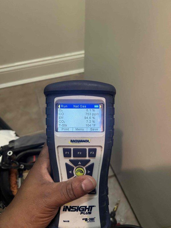 Responded to no heat call on gas furnace system less than 10 years old. Upon arrival, performed comprehensive combustion analysis using calibrated digital analyzer. Testing revealed elevated carbon monoxide levels at 753 ppm in flue gases, which exceeds safe operational parameters. Oxygen reading measured 8.1%, efficiency at 94.6%, CO2 at 7.2%, and stack temperature at 104°F. Inspected heat exchanger and venting system in attic space, documenting condition of furnace components, ductwork, and associated piping. Identified potential heat exchanger integrity issue or incomplete combustion problem contributing to dangerous CO levels. Advised immediate system shutdown due to safety concerns until proper repairs can be completed. Documented all findings with diagnostic equipment readings and photographic evidence of system components for follow-up service recommendations.