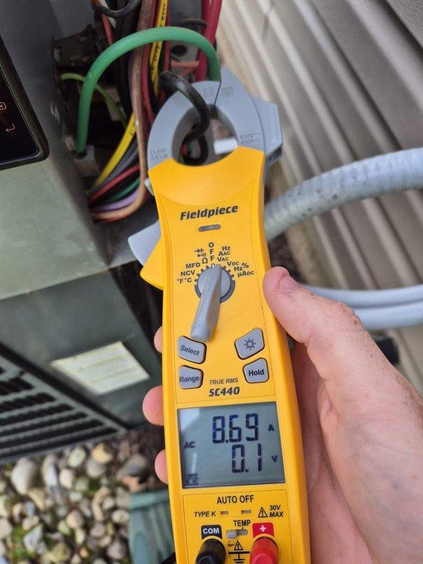 Performed comprehensive cooling system maintenance and diagnostics. Conducted electrical measurements using clamp meter at outdoor condensing unit and indoor air handler control panel, verifying proper amperage draws and system operation. Delivered and installed case of 16x25x1 air filters as previously ordered by customer.