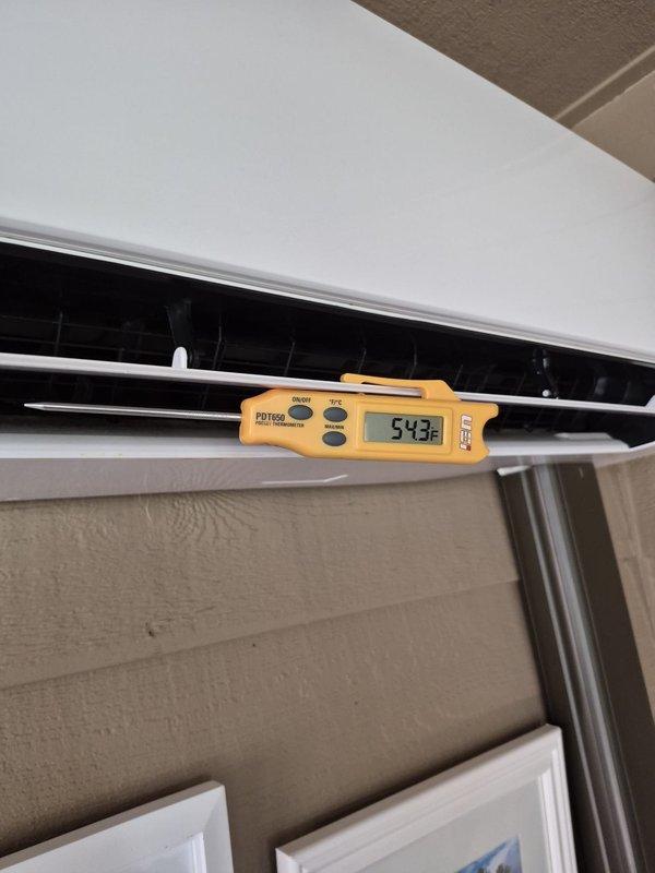 Performed comprehensive preventative maintenance on two residential cooling systems per Platinum membership agreement. Conducted electrical diagnostics on air handler components using digital clamp meter, recording amperage draws and verifying proper electrical operation of all circuits. Measured supply air temperature at 54.3°F from wall-mounted indoor unit, confirming adequate cooling performance. Inspected condensate drain pan and drainage system for proper operation. Tested all electrical connections and wiring at junction points. Both units were operating within normal parameters at time of service completion.