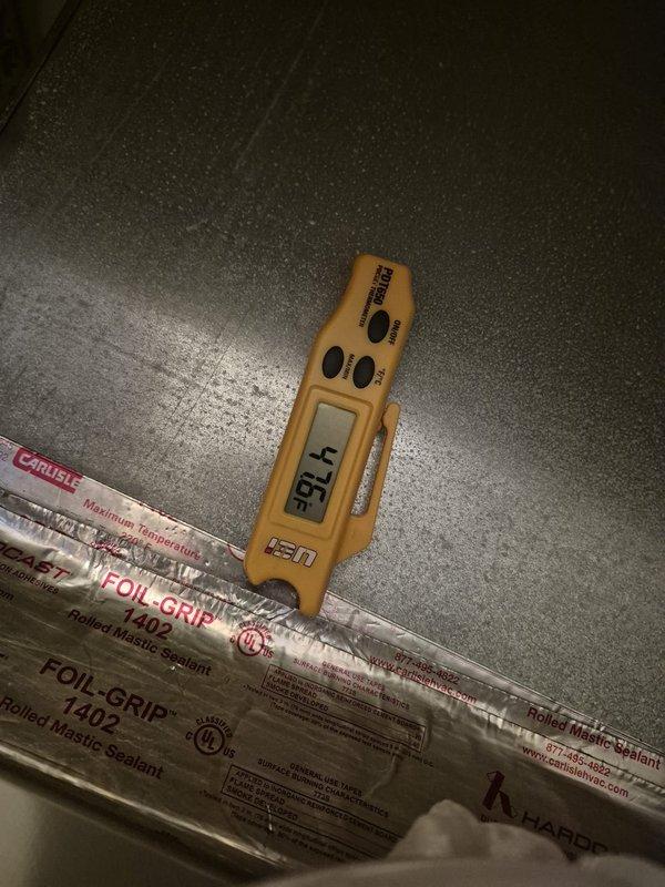 Completed preventative maintenance cool check on two HVAC systems. Performed electrical diagnostics using clamp meter, recording amperage draw of 6.41A on compressor circuit. Inspected electrical connections, capacitor, and wiring integrity within condensing unit. Applied foil-grip mastic sealant to ductwork connections as needed. All systems operational and running within normal parameters upon completion.