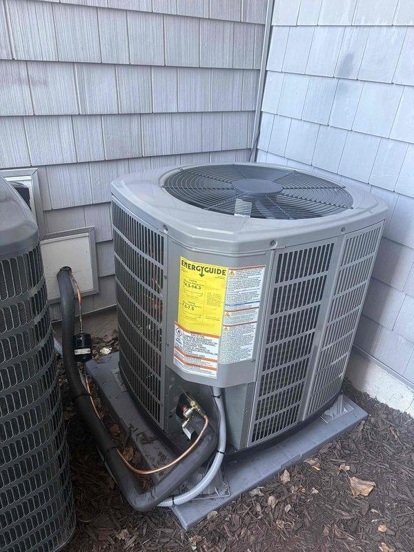 Completed full HVAC system replacement including removal and disposal of existing equipment. Installed 5A6H4030 14 SEER heat pump on outdoor pad with new whip and disconnect. Installed 5TEM6B03 variable speed fan coil unit on new seated plenum with BAYHTR1510BRKR backup heat. Furnished and installed new 20x20 filter return air grille. Mounted and configured Honeywell T6 Pro Wi-Fi thermostat (TH6320WF2003) with system programming. Flushed, pressure tested, and recharged refrigerant lines to manufacturer specifications. Verified all electrical connections, airflow, and system operation. Unit tested and left in proper working condition with extended warranty coverage activated.
