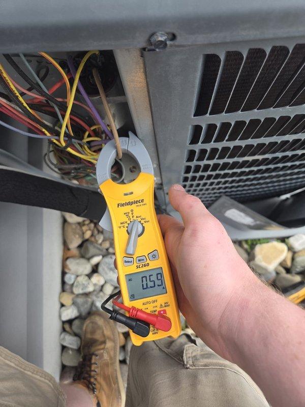 Performed diagnostic testing on HVAC cooling system using digital multimeter to measure electrical values at the outdoor unit. Inspected control panel components, verified proper electrical connections, and tested contactor operation to ensure system functionality.