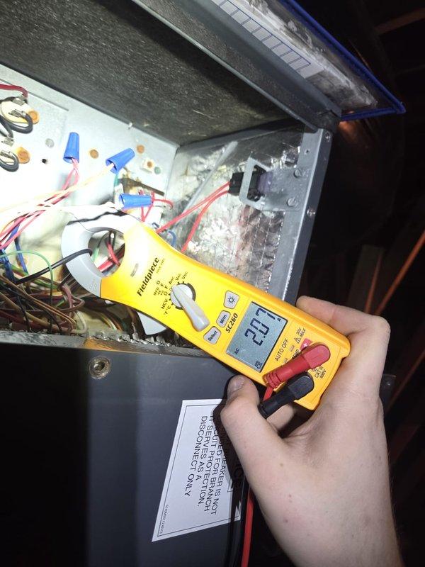 Performed diagnostic testing on HVAC cooling system using digital multimeter to measure electrical values at the outdoor unit. Inspected control panel components, verified proper electrical connections, and tested contactor operation to ensure system functionality.