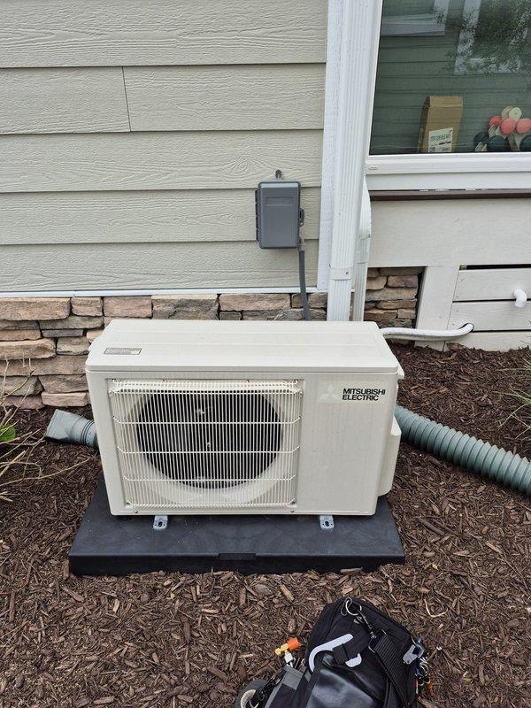 Completed preventative maintenance cooling inspection on Mitsubishi Electric mini-split system. Performed electrical diagnostics using multimeter to verify proper voltage and amperage readings, inspected outdoor condenser unit for proper operation, checked refrigerant lines and drainage system, and evaluated overall system performance. Also conducted assessment of additional mini-split unit in sunroom for potential service contract inclusion.