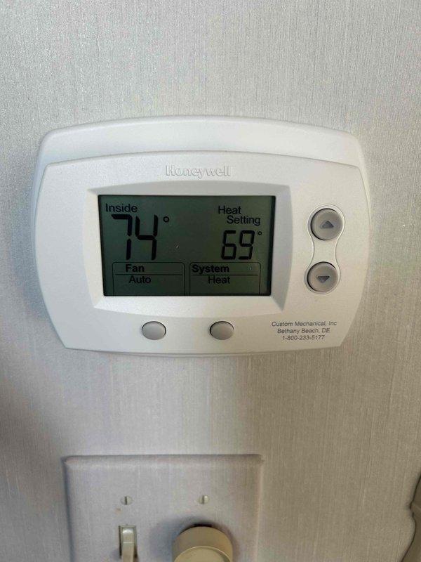 Completed preventive maintenance cooling visit on multiple HVAC systems. Performed comprehensive Cool Check inspection, verified thermostat operations showing proper temperature control and system functionality with units cycling correctly between heating and cooling modes. Installed case of 23x20x1 filters across systems as specified from previous service visit, ensuring proper airflow and filtration for optimal system performance.