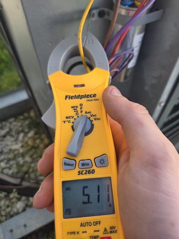 Performed preventive maintenance on cooling system. Verified electrical amperage draw at 5.17 amps using clamp meter and confirmed supply air temperature at 72.5°F at ductwork. System operating within normal parameters with no deficiencies noted.