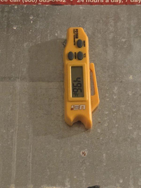 Completed cooling system maintenance inspection and performance verification. Measured and documented system temperatures using calibrated digital thermometer, confirming proper refrigerant charge and heat transfer efficiency. All operational parameters tested within manufacturer specifications, system operating normally with no deficiencies noted.