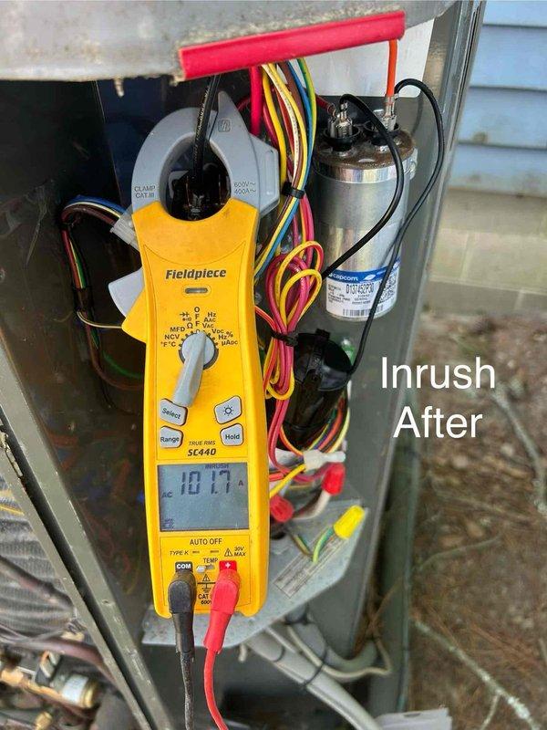 Responded to no cooling call where system was running but failing to reach setpoint temperature. Performed diagnostic testing which revealed failed capacitor preventing compressor from starting properly. Measured return air temperature at 78°F and confirmed inrush amperage readings after capacitor replacement, restoring normal system operation and cooling capacity.