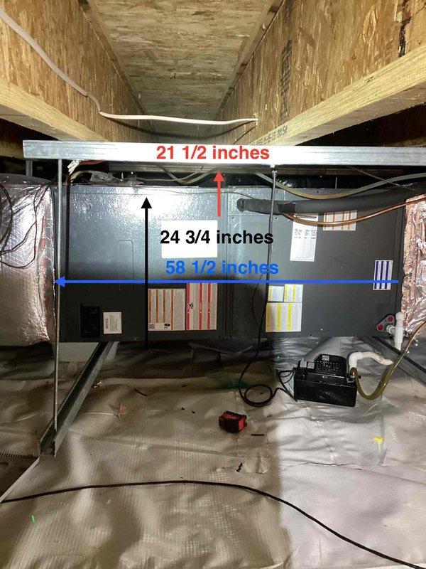 Responded to no cooling complaint on residential HVAC system. Upon arrival, inspected air handler unit located in attic space and verified condensate drainage system components including safety float switch, condensate pump, and PVC drain lines were functioning properly. Documented equipment dimensions and installation configuration for service records. System restored to normal cooling operation.