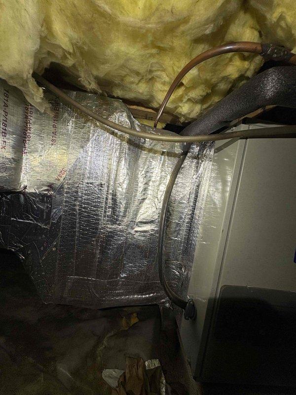 Responded to no cooling call with indoor temperature at 83°F. Upon arrival, system was not operating. Troubleshot electrical circuit and identified tripped breaker Q150 at main panel. Reset breaker and verified system startup, restoring cooling operation. Inspected air handler and ductwork in attic space, confirmed proper airflow through supply plenum and verified refrigerant lines were intact with insulation in acceptable condition.