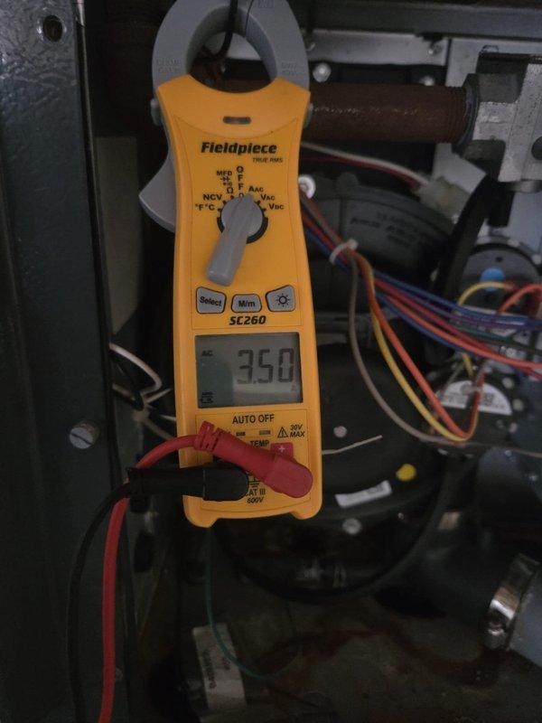 Performed routine cooling system maintenance and diagnostics. Measured electrical current draw at 35.0 amps and recorded supply air temperature of 37.9°F, confirming proper system operation and cooling performance within manufacturer specifications.