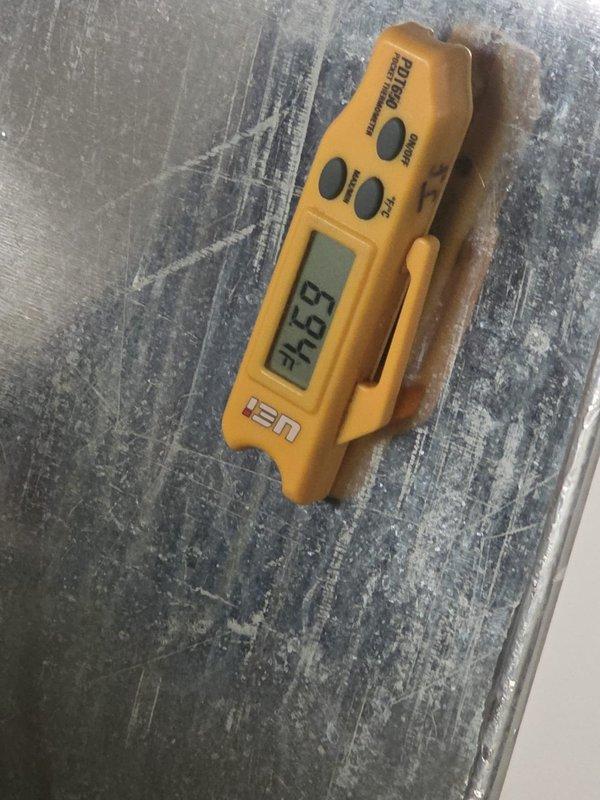 Performed routine cooling system maintenance and diagnostics. Measured electrical current draw at 35.0 amps and recorded supply air temperature of 37.9°F, confirming proper system operation and cooling performance within manufacturer specifications.