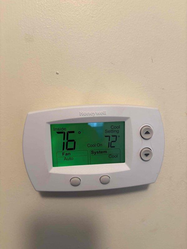 Responded to no cooling call for upstairs system where thermostat would not activate cooling mode after switching from heat. Upon arrival, verified thermostat displayed "Cool On" status at 72-degree setpoint with indoor temperature reading 76 degrees, but system failed to start after standard 5-minute compressor delay period. Inspected air handler and ductwork in attic space, performed system diagnostics, and restored cooling operation to upstairs zone.