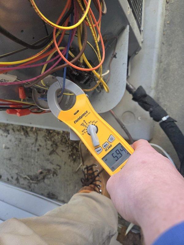 Responded to cooling maintenance call and performed routine system inspection. Measured system temperature at 78.5°F and verified electrical current draw at 4.51 amps, confirming unit operating within normal parameters. Completed scheduled cooling visit with system functioning properly.