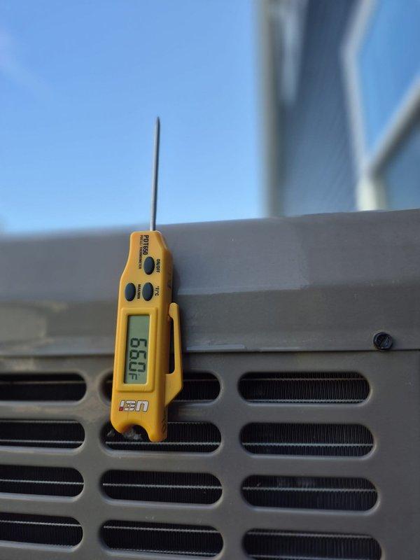Responded to customer complaint of insufficient cooling over the weekend. Upon arrival, verified thermostat set to 77°F with ambient temperature reading of 70°F. Performed system diagnostics and measured supply air temperature at outdoor condensing unit registering 65°F. Completed full system evaluation to identify cause of reduced cooling capacity and restored proper operation.