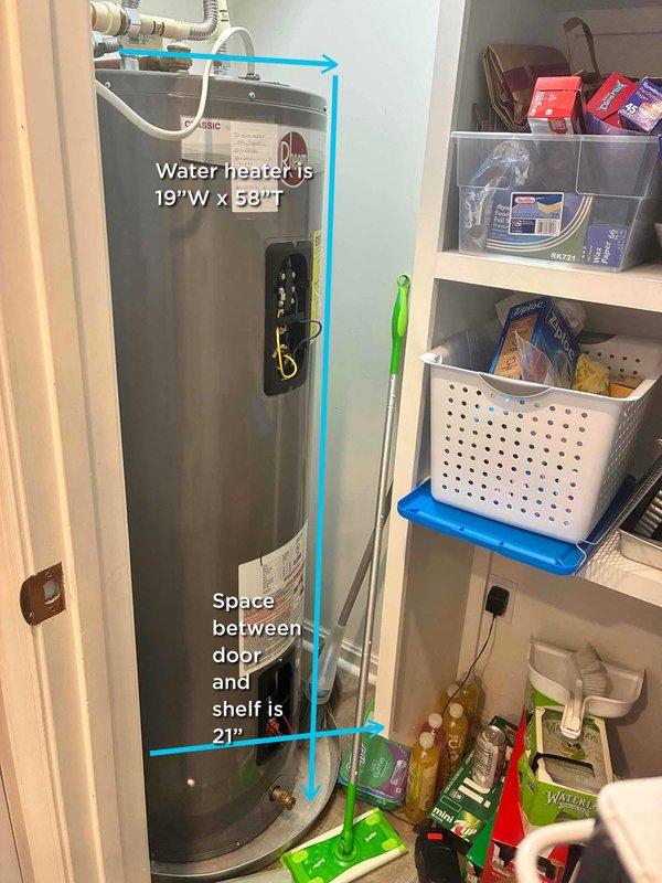 Responded to customer complaint of insufficient hot water from Rheem tanked water heater. Conducted comprehensive inspection of unit and all associated plumbing connections, including pressure relief valve, supply lines, and discharge tube. Evaluated water heater performance, verified proper operation of heating elements and thermostat settings. Assessed installation clearances in utility closet, confirming adequate space for maintenance access. All connections, valves, and safety components found to be properly installed and functioning. Documented existing installation with detailed photographs showing unit specifications, dimensions, and surrounding clearances.