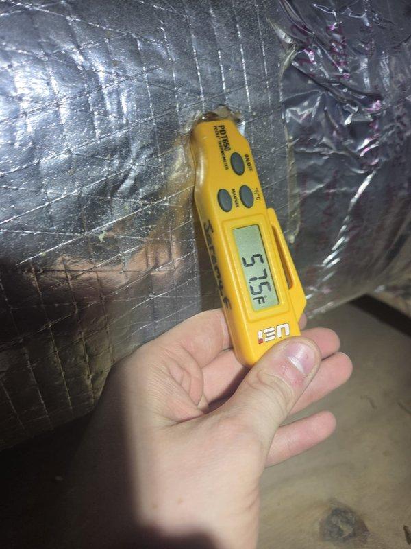 Completed preventive maintenance inspection on two HVAC cooling systems. Performed comprehensive system evaluations including temperature differential measurements across supply and return air streams. Recorded supply air temperature of 57.0°F and return air temperature of 28.8°F, indicating proper system operation and adequate cooling capacity. Inspected ductwork insulation for integrity and proper sealing at seams and joints. Verified all accessible duct connections and insulation barriers were intact with no visible damage or deterioration. Both systems tested and found operating within normal parameters with satisfactory temperature splits.