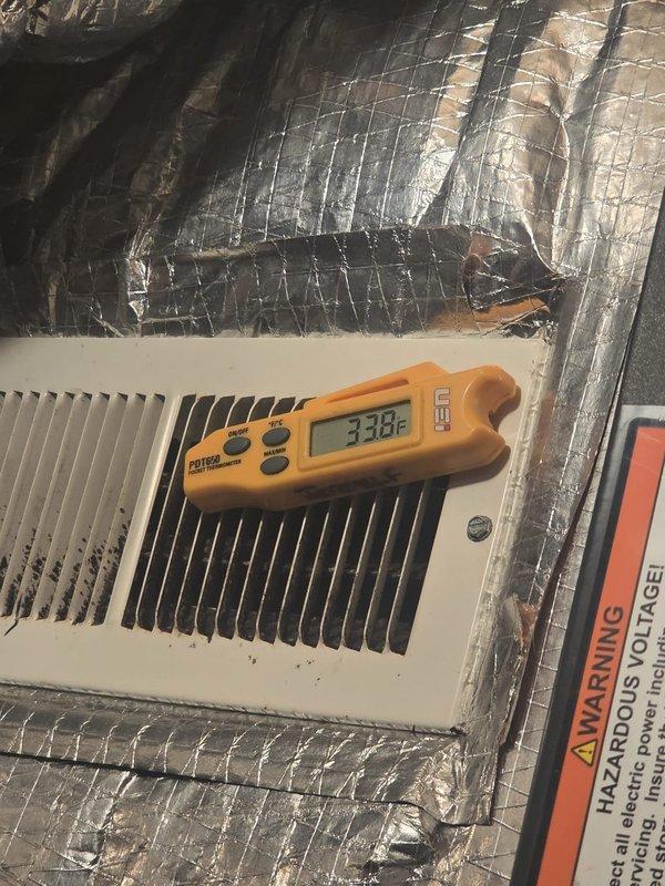 Completed preventive maintenance on cooling system with multiple zones. Delivered and installed case of 20x20x1 air filters as requested. Verified system operation and measured supply air temperature at 33.8°F at register, confirming proper cooling performance across all zones.
